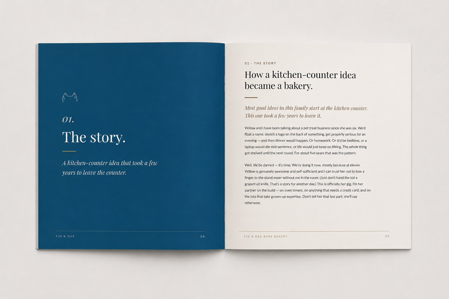 Fin & Oak Brand Guide — open spread showing brand story pages