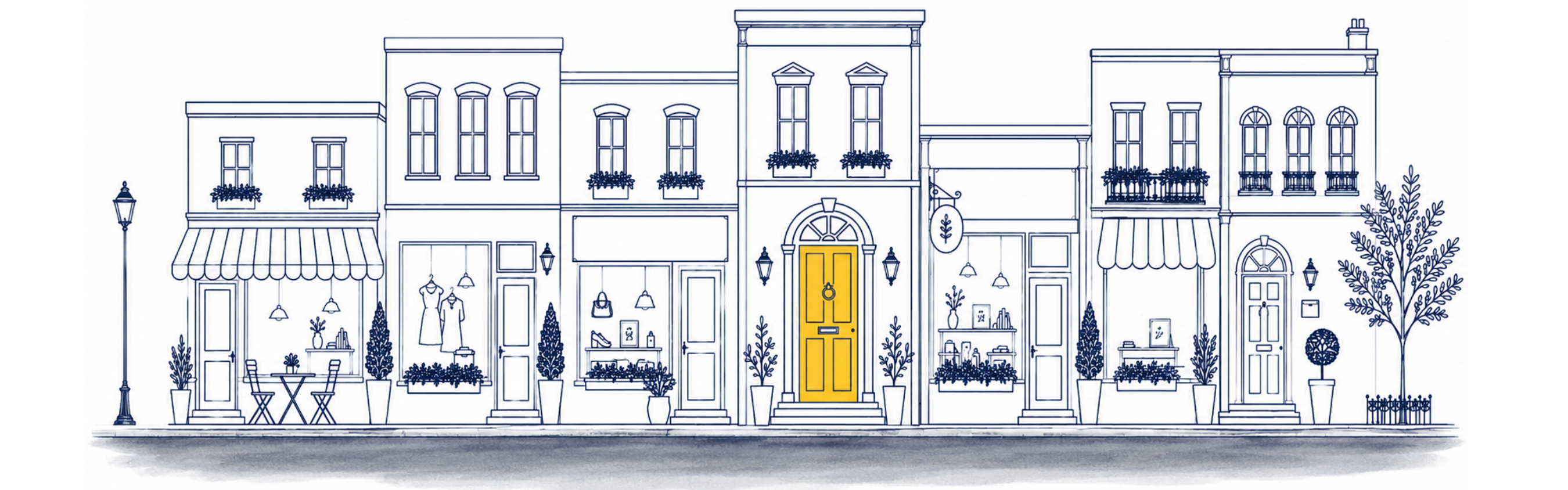 Street scene with the yellow front door at centre