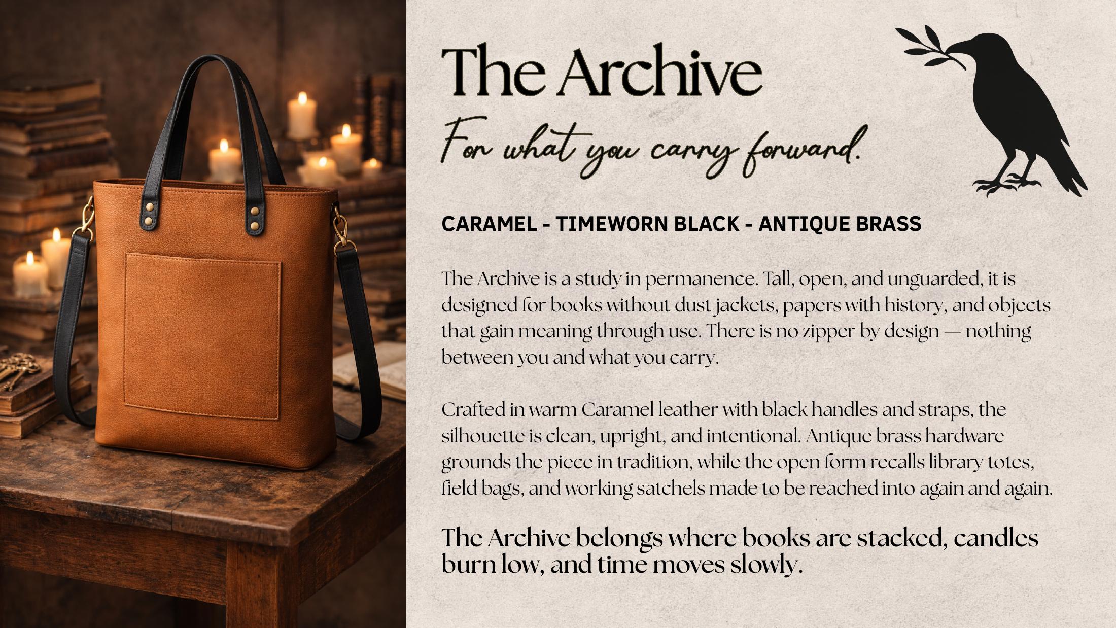 The Archive — open tall tote in caramel